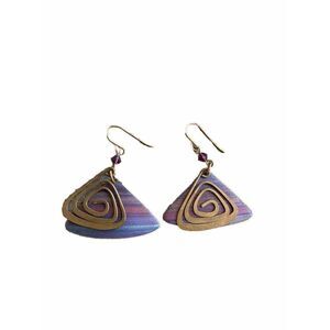 Dangle Earrings Swirl Purple Blue Gold Tone Beaded Artisan